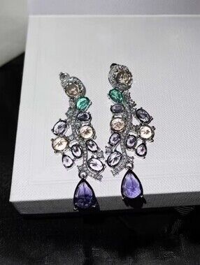 Multicolor CZ Teardrop Drop Earrings Sparkly Statement Jewelry S925 Silver Post